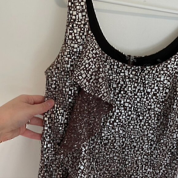 GUESS Mauve Brown / Purple Silver Metallic Sleeveless Ruffle Party Mini Dress 3 - Picture 7 of 12